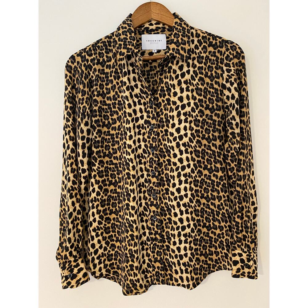 The Shirt Rochelle Behrens Animal Print Button Down Top Blouse M Black Brown EUC